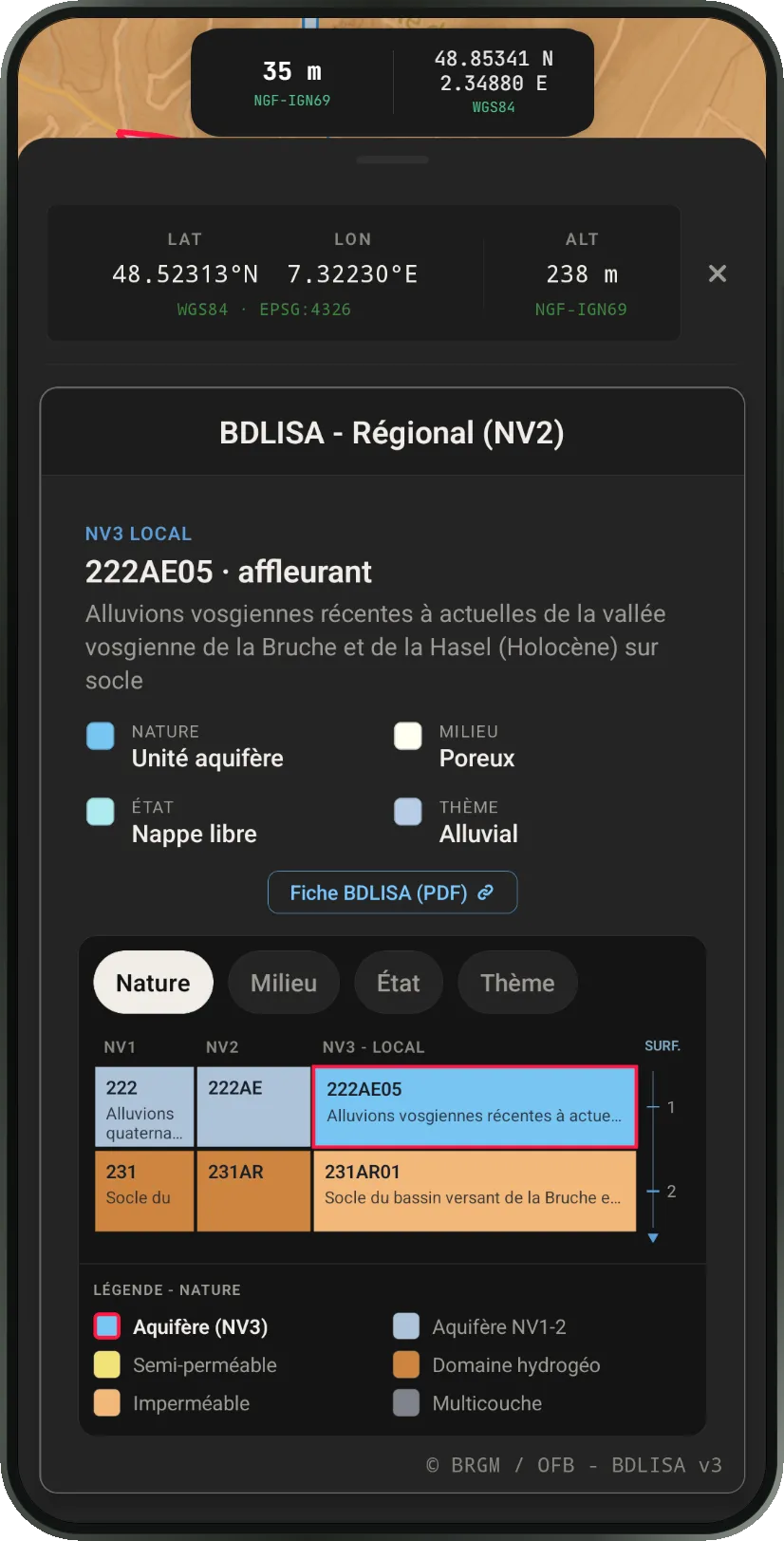 Fiche d’un point dans Pangée : coordonnées, altitude et entité hydrogéologique BDLISA
