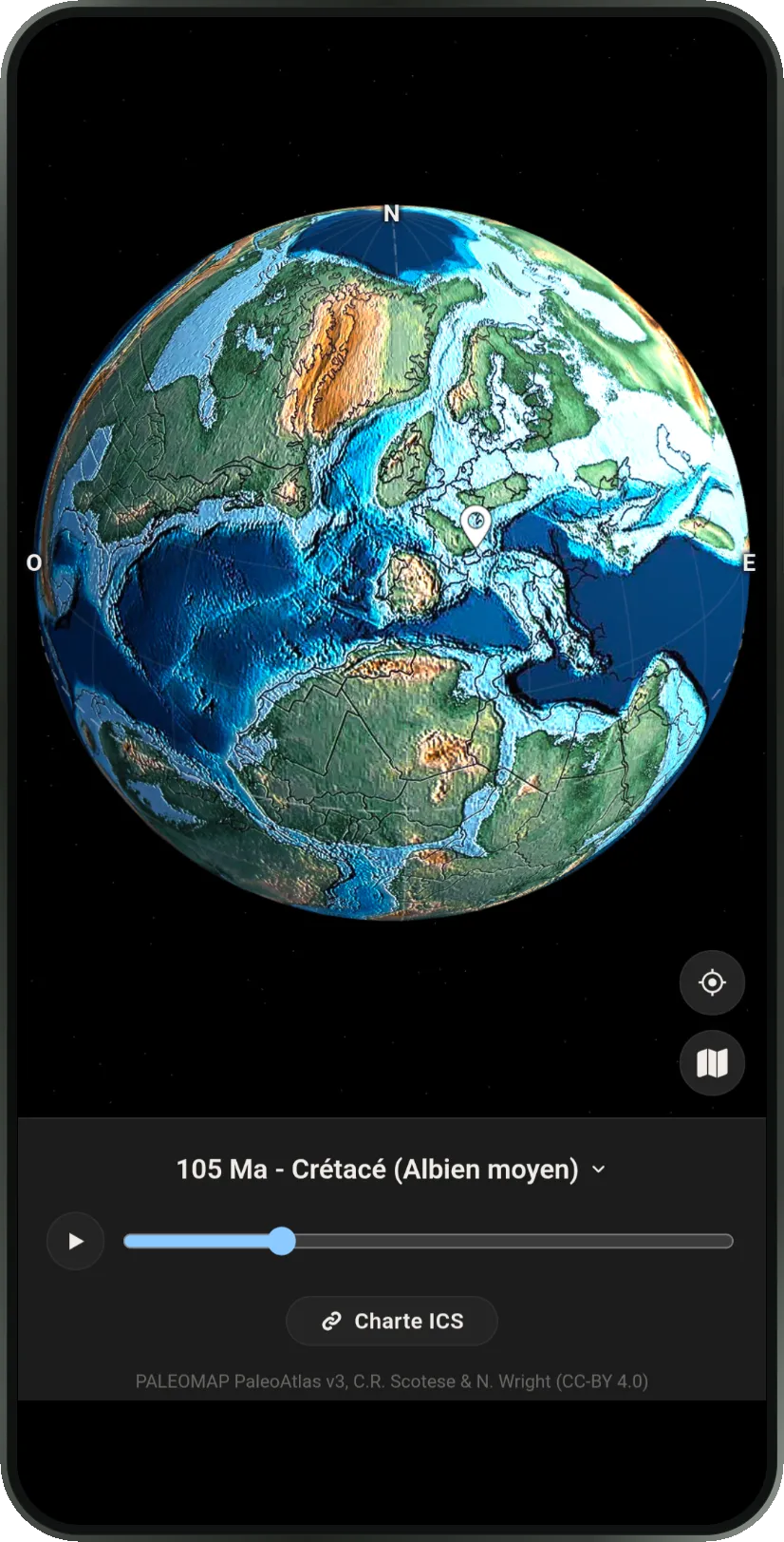 Globe paléogéographique de Pangée au Crétacé : les continents replacés tels qu’ils étaient il y a 105 millions d’années