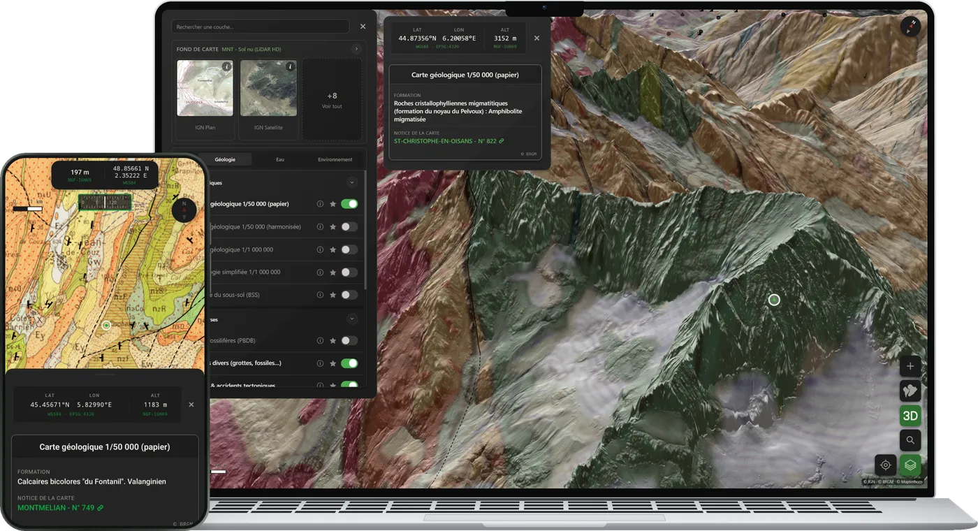 Pangée sur ordinateur et sur téléphone : la carte géologique drapée sur le relief en 3D avec le tiroir des couches et la fiche d'un point, et la fiche d'un point sur mobile
