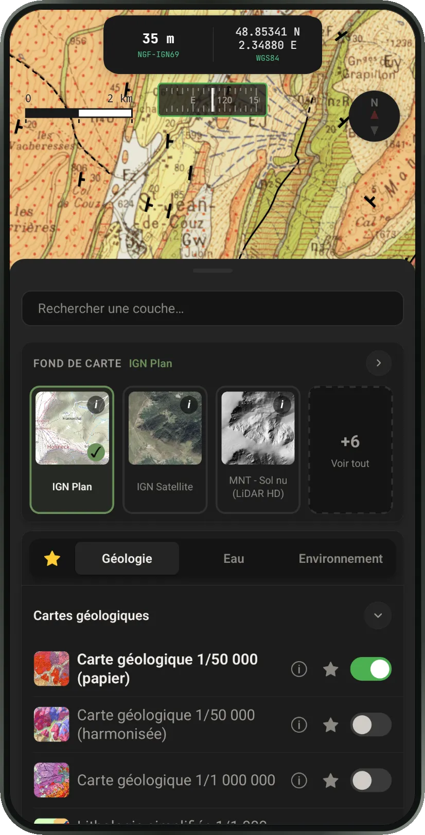 Sélecteur de couches de Pangée : fonds de carte IGN et cartes géologiques activables par interrupteur